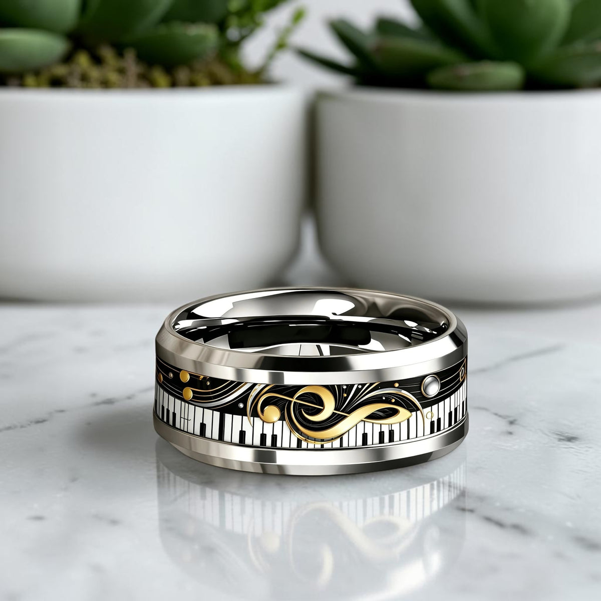 Bague tendance homme piano et clé de sol dorée «Symphonie de Sol II » variante