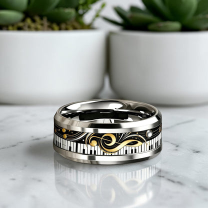 Bague tendance homme piano et clé de sol dorée «Symphonie de Sol II » variante