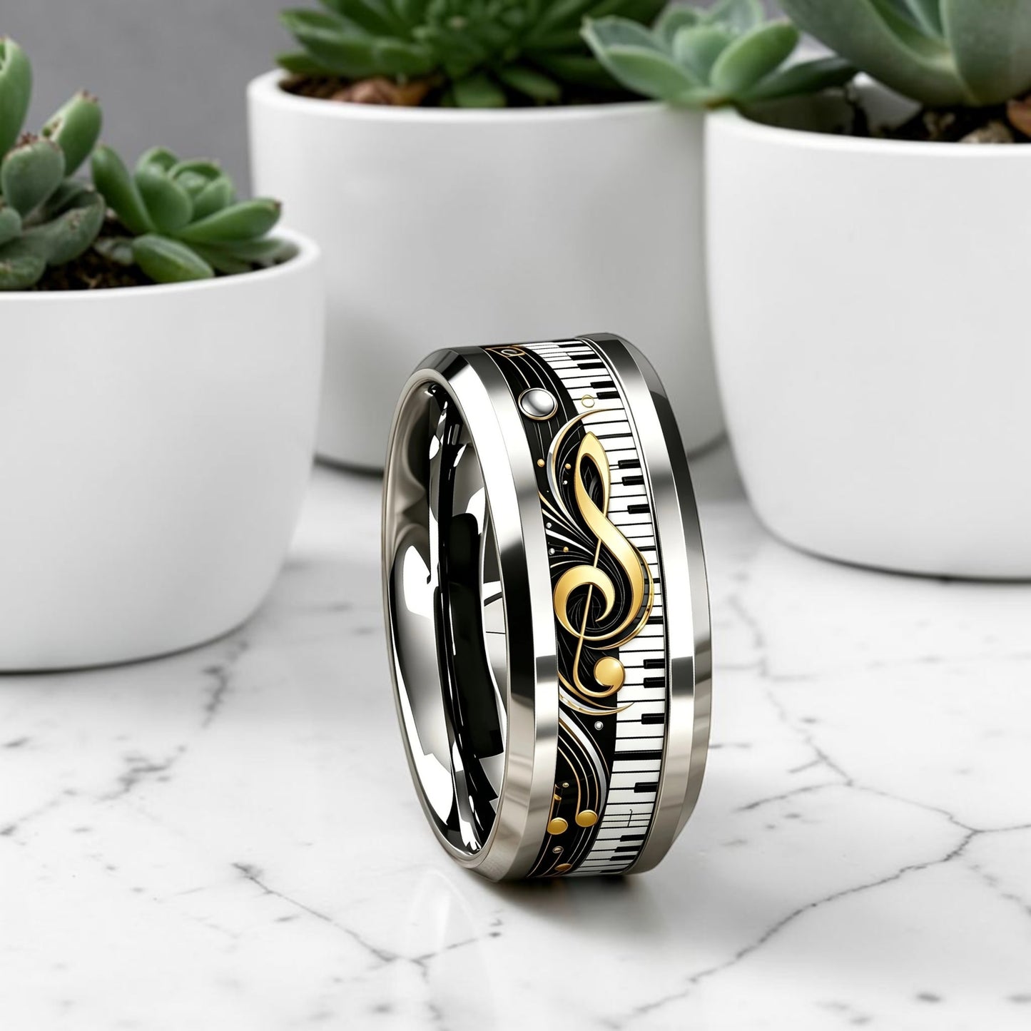 Bague tendance homme piano et clé de sol dorée «Symphonie de Sol II »  variante marbre debout