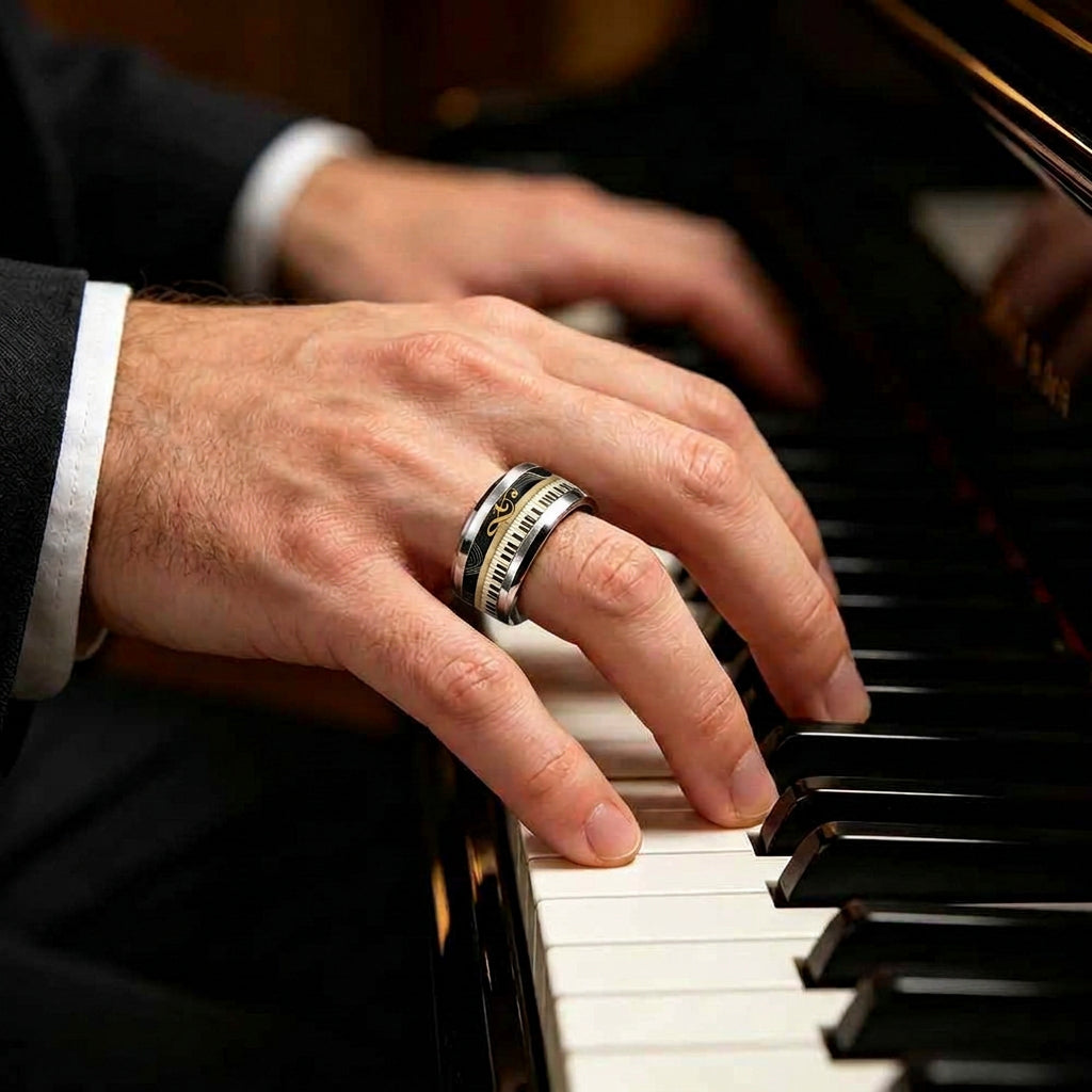 Bague tendance homme piano et clé de sol dorée homme joue piano 