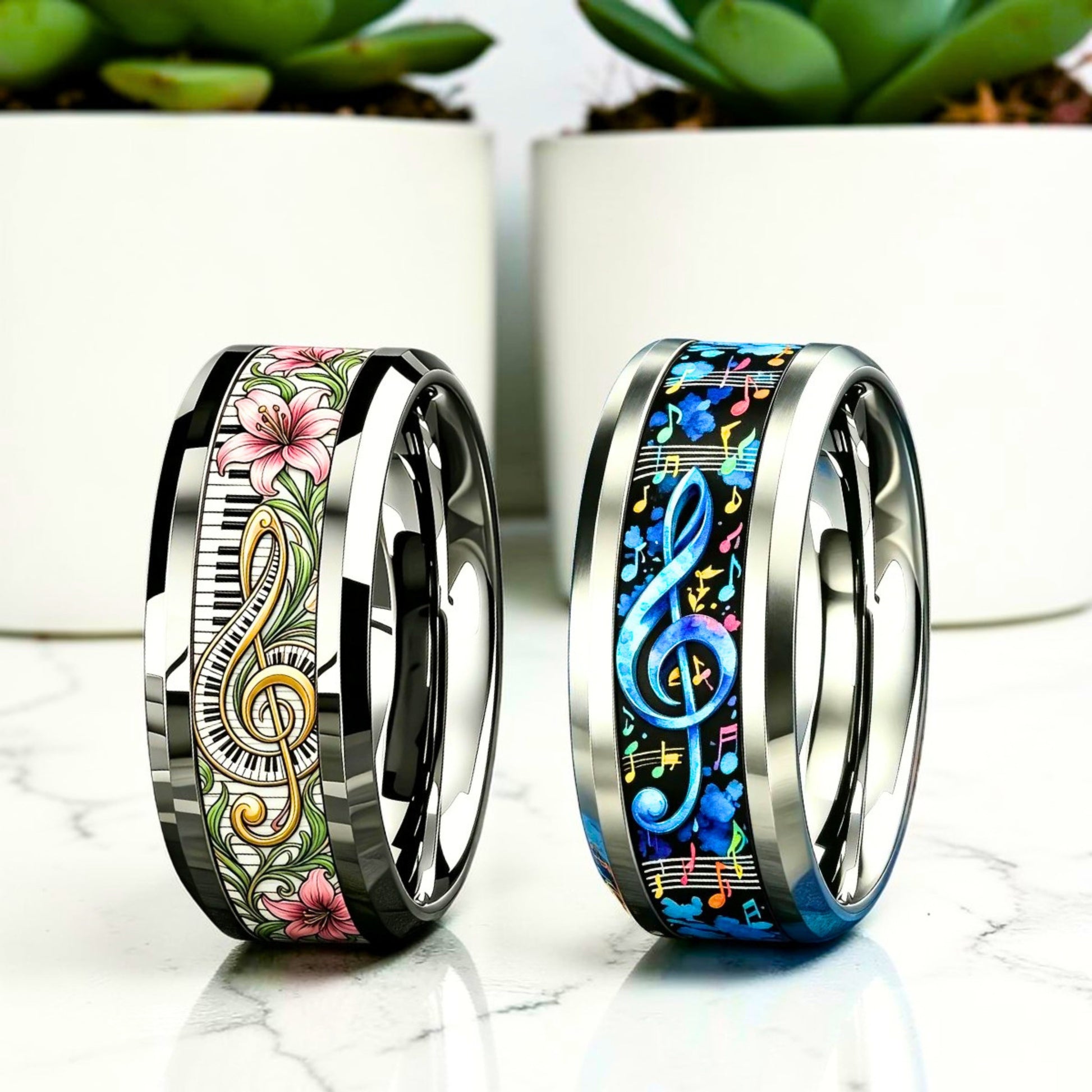 Bague tendance motif Clé de Sol Mélodie Harmonieuse variantes debout details marbre blanc