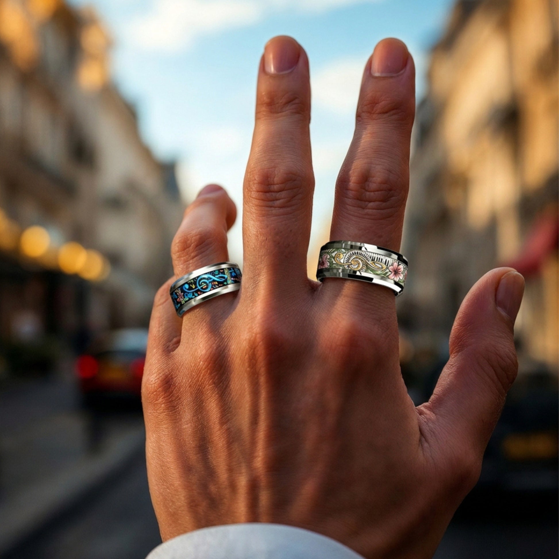 Bague tendance motif Clé de Sol Mélodie Harmonieuse variantes doigts main exterieur