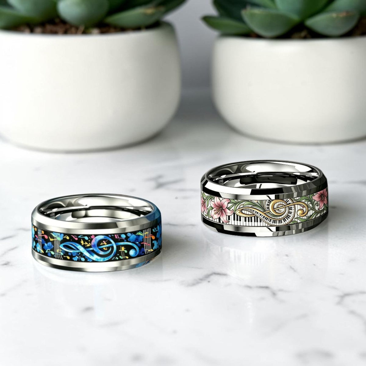 Bague tendance motif Clé de Sol Mélodie Harmonieuse variantes marbre blanc