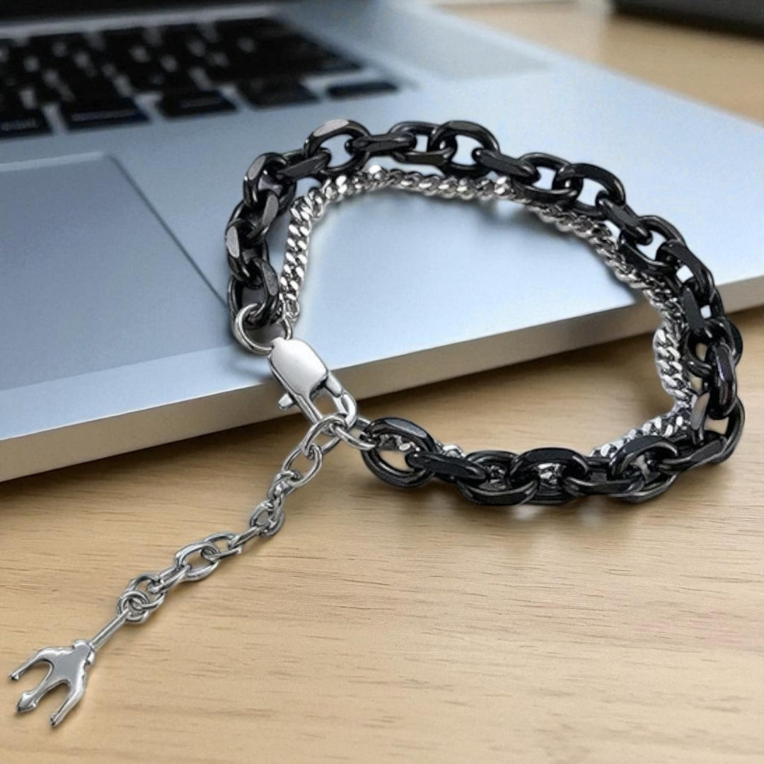 Bracelet homme- DOUBLE SEA CHAINS noir ordinateur table moti bois