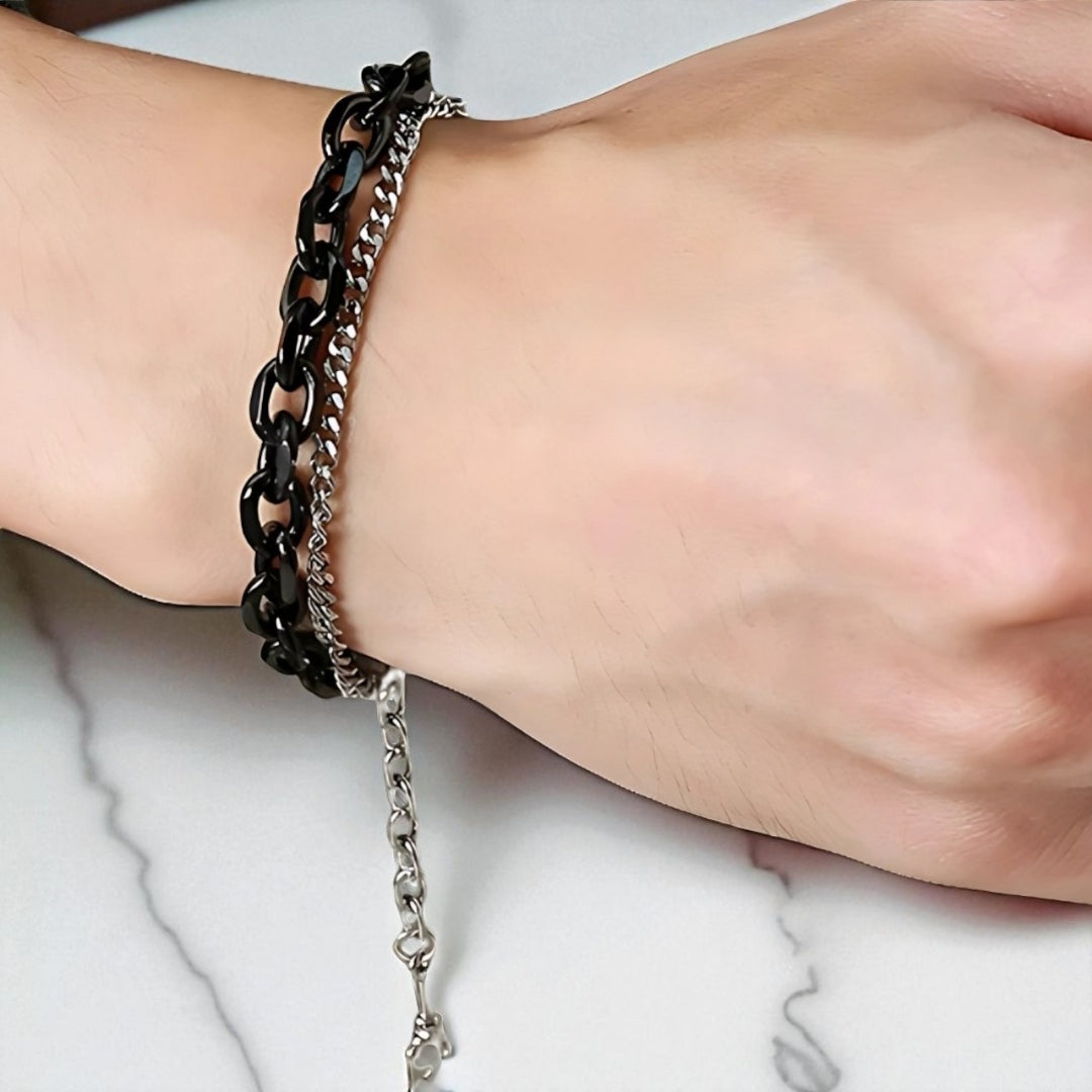 Bracelet homme- DOUBLE SEA CHAINS noir poignet homme table marbre main