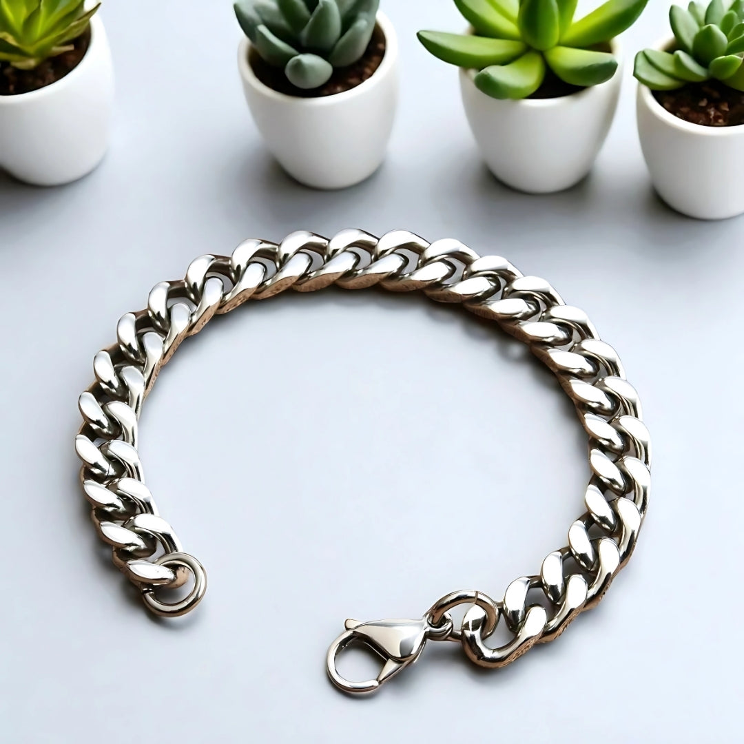 Bracelet homme- MIAMI-CUBANO II presentation fermoir table blanche plantes
