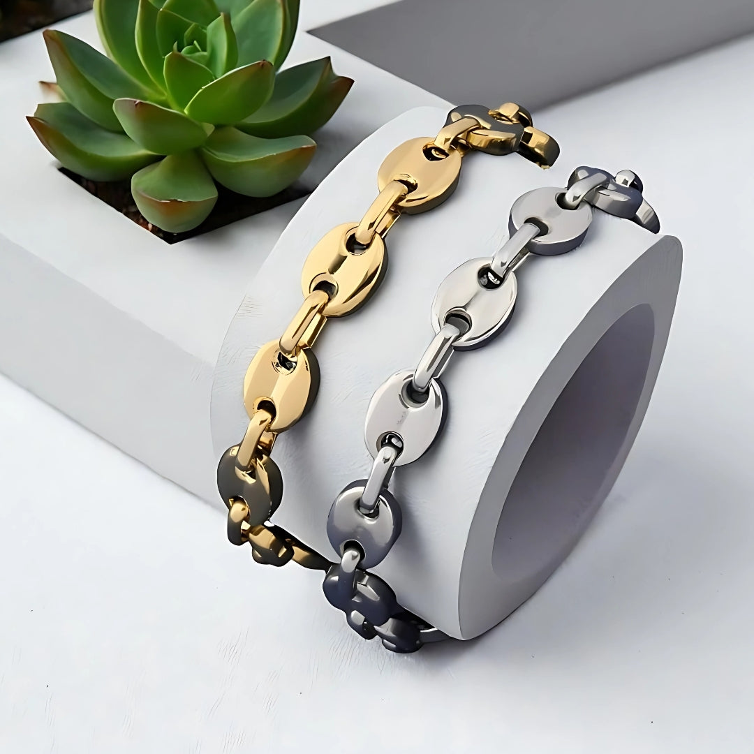 Bracelet homme- OVAL LINKS™ dore argent cylindre table blanche