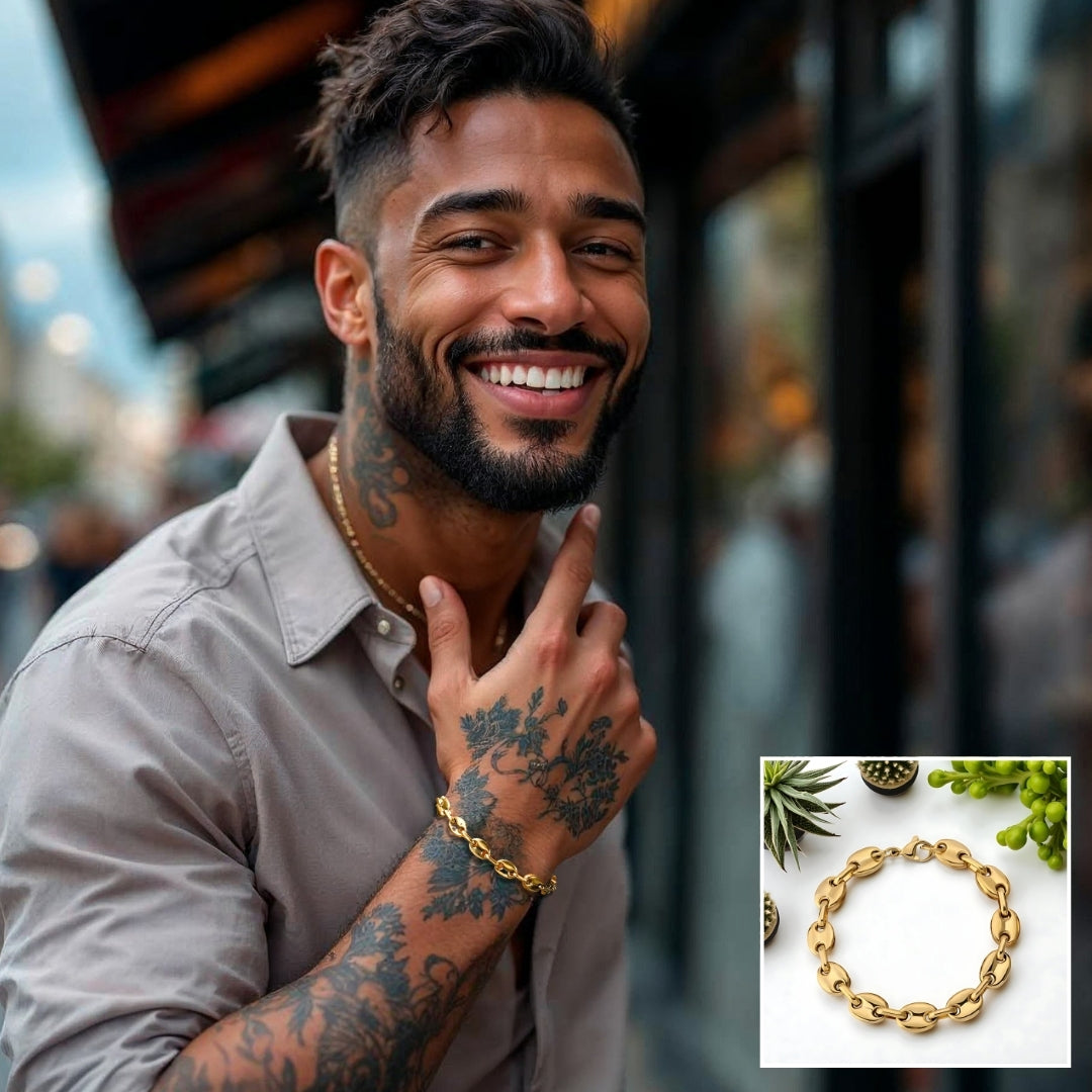 Bracelet homme- OVAL LINKS™ dore  homme noir chemise grise fenetres