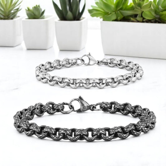 Bracelet homme BELCHER motif serpent argent noir table blanche