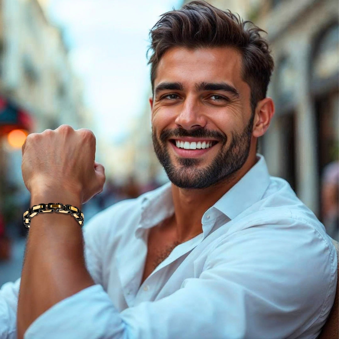 Bracelet homme BYZANTIN EMPEREUR™  dore noir bicolore chemise blanche