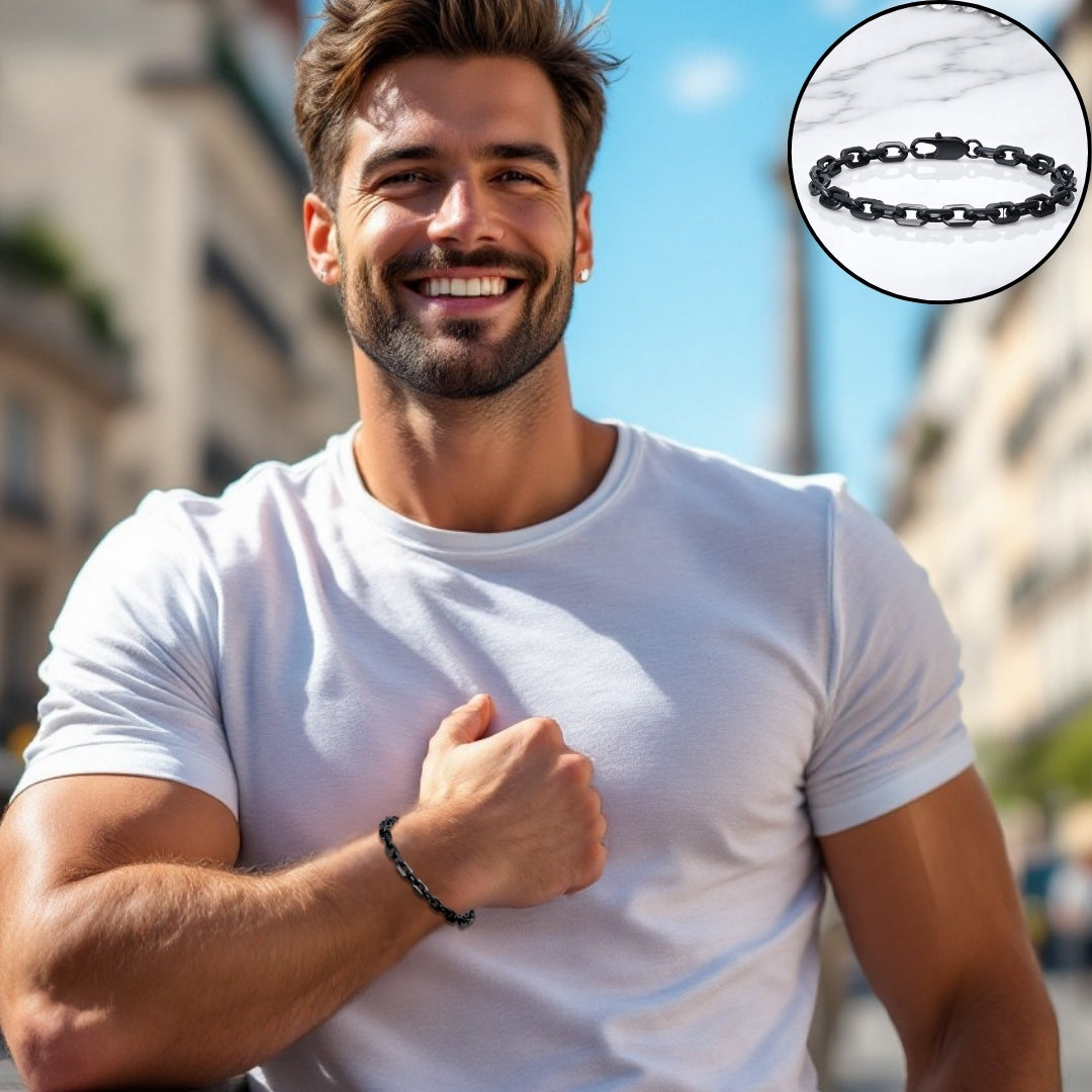 Bracelet homme CHAINE DB II™ noir  t-shirt blanc homme heureux