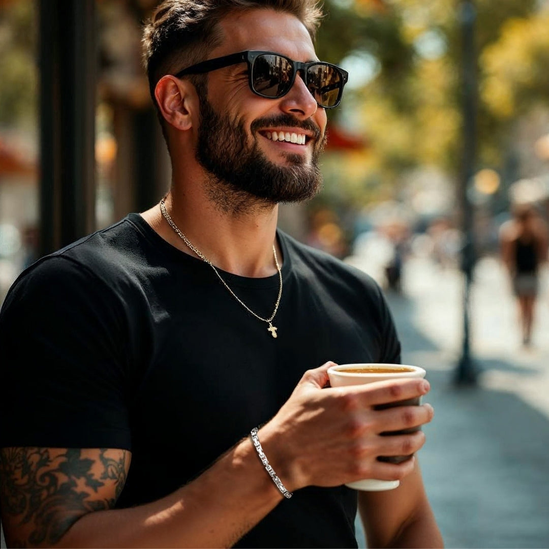 Bracelet homme LINKOT™ argent t-shirt noir cafe