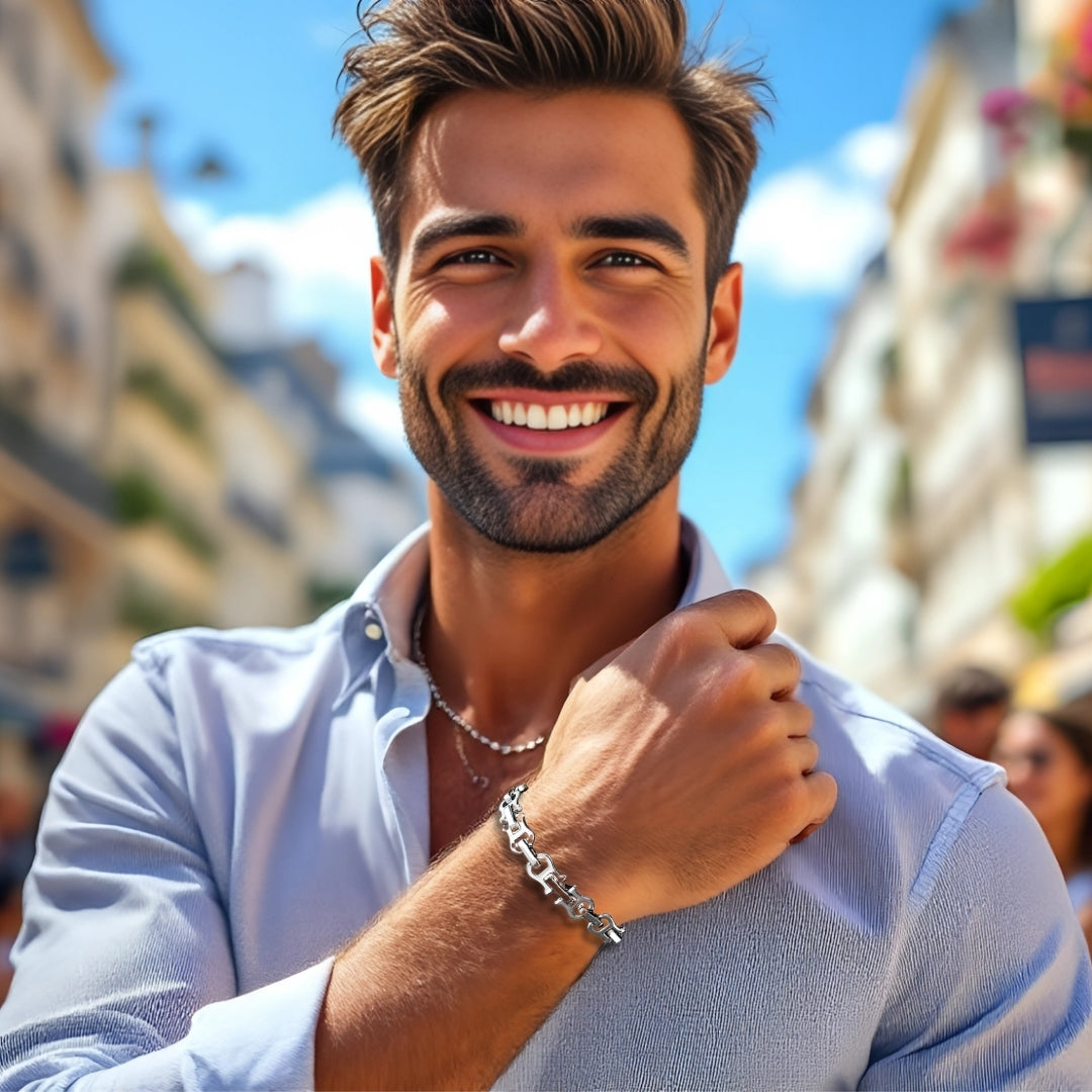 Bracelet homme MASCULETI™ variantes argent chemise bleue ciel bleue