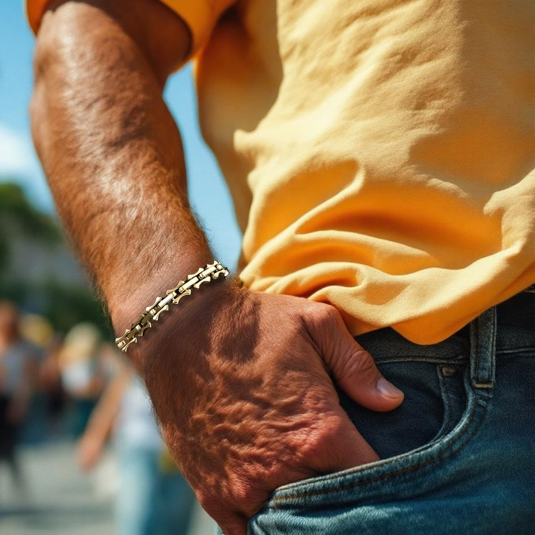 Bracelet homme MASCULET III™  dore jeans bleu foule