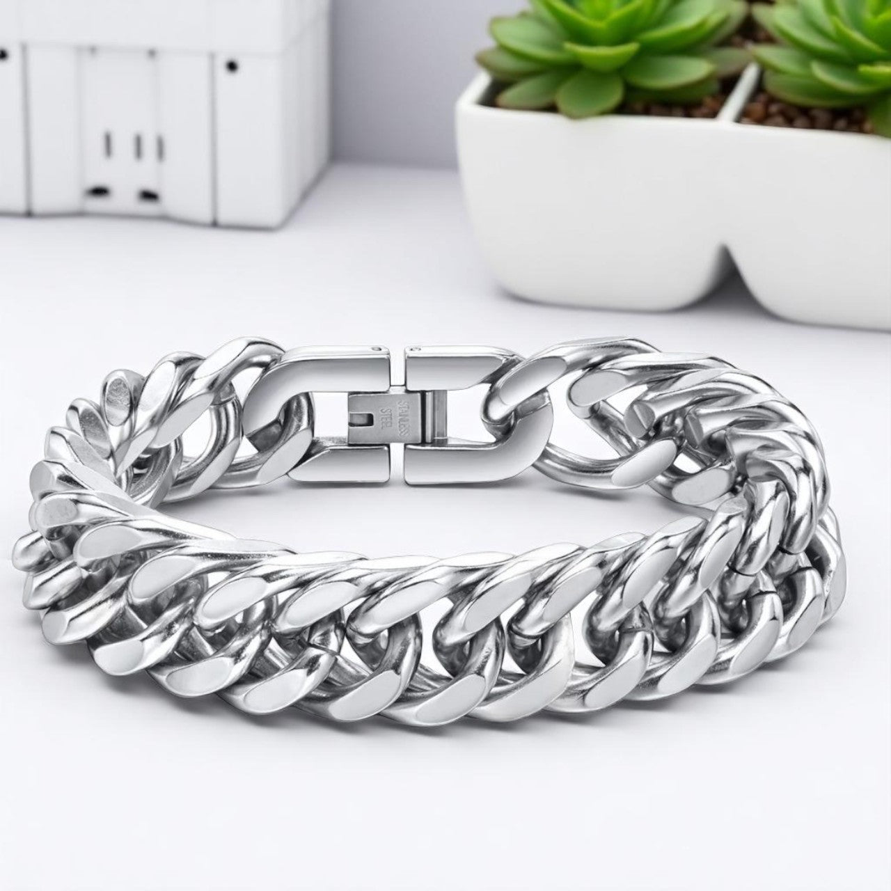Bracelet homme MIAMI-CUBANO 15 mm variante table blanche
