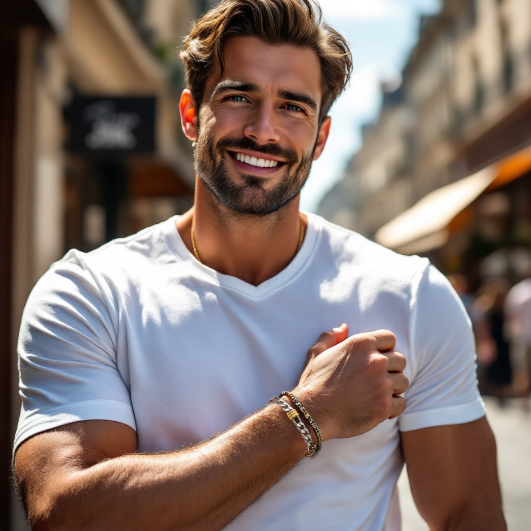 Bracelet homme STEEL BRAID™ 8mm t-shirt blanc rue sourire