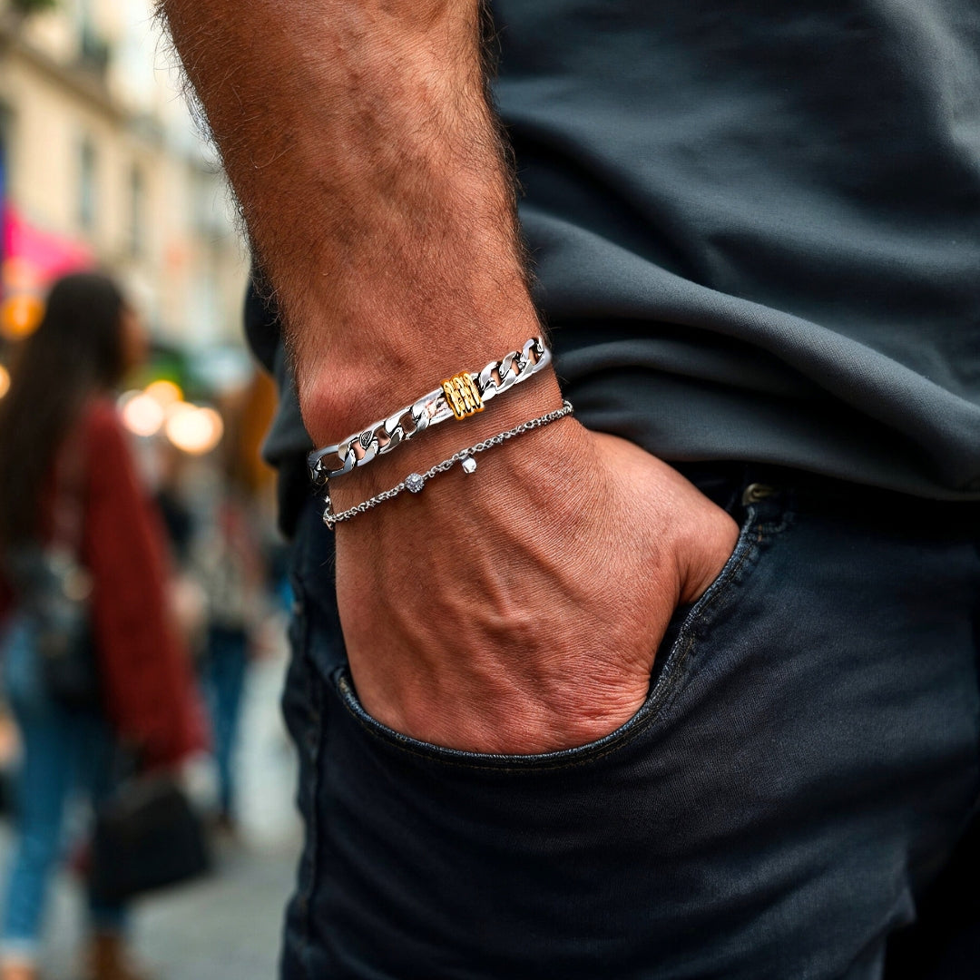 Bracelet homme STEEL BRAID™ 8mm t-shirt noir jeans noir rue