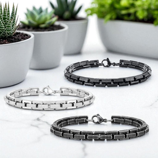 Bracelet homme TRACK LINK™ 3 variantes noir argent  argent ancien