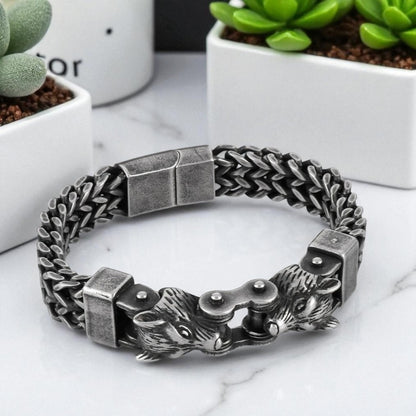 Bracelet homme Viking double tete de loup noir brossé presentation