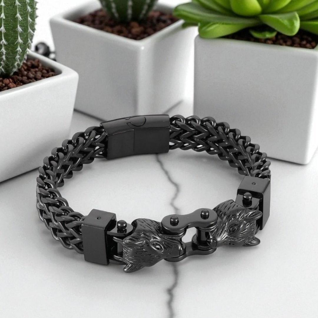 Bracelet homme Viking double tete de loup noir presentation