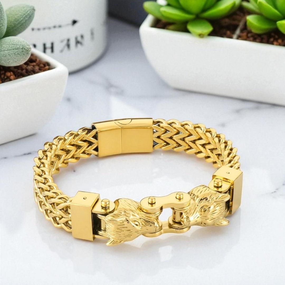 Bracelet homme Viking double tete de loup or presentation