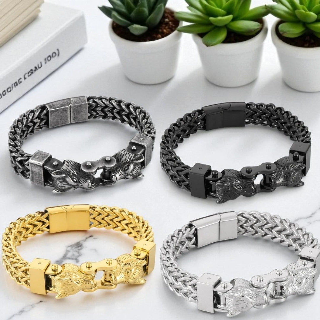Bracelet homme Viking double tete de loup quatre couleurs plantes table marbre
