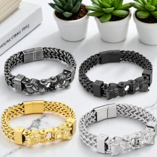 Bracelet homme Viking double tete de loup quatre couleurs plantes table marbre