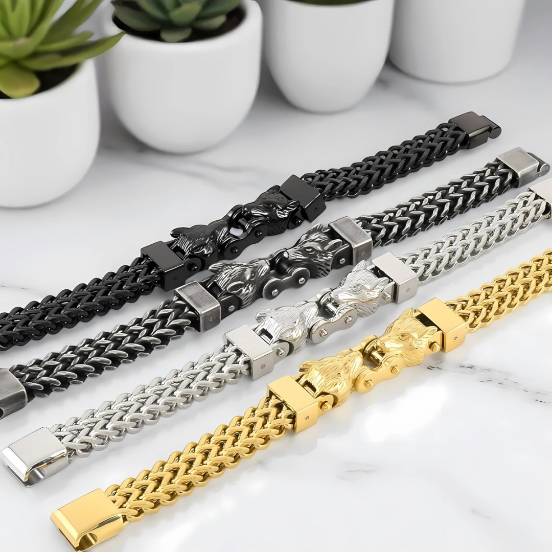 Bracelet homme Viking double tete de loup quatre couleurs plantes table marbre longueur fermoir