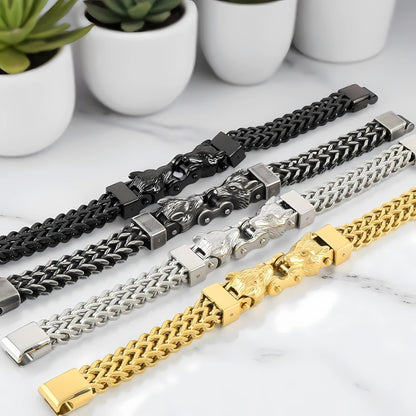 Bracelet homme Viking double tete de loup quatre couleurs plantes table marbre longueur fermoir