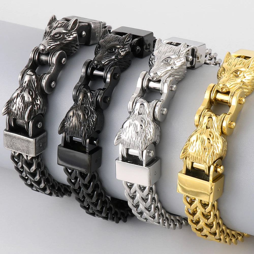 Bracelet homme Viking double tete de loup quatre couleurs presentation