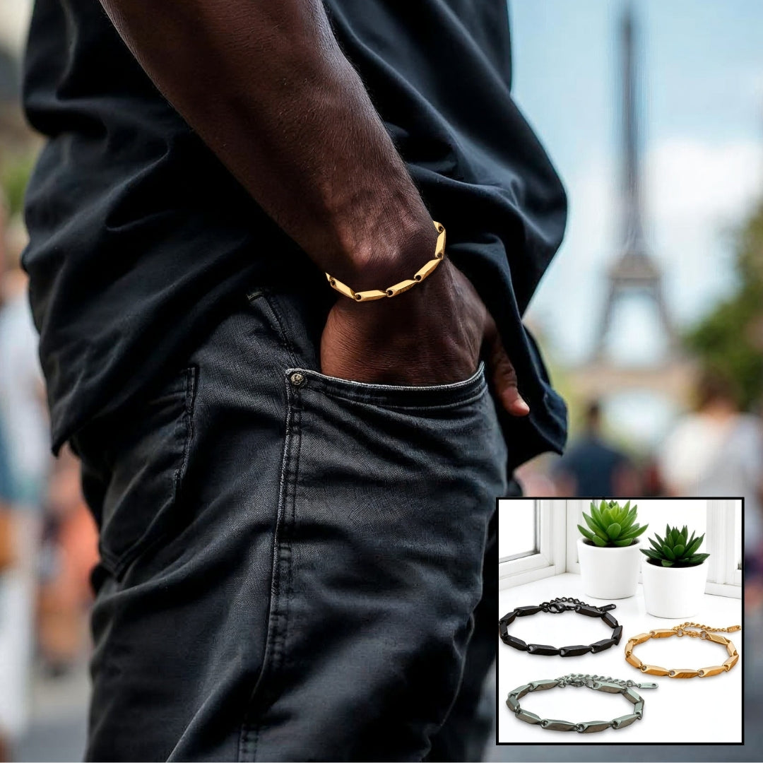 Bracelet homme WAVE LINKS II™ dore  poignet homme noir Paris t-shirt noir
