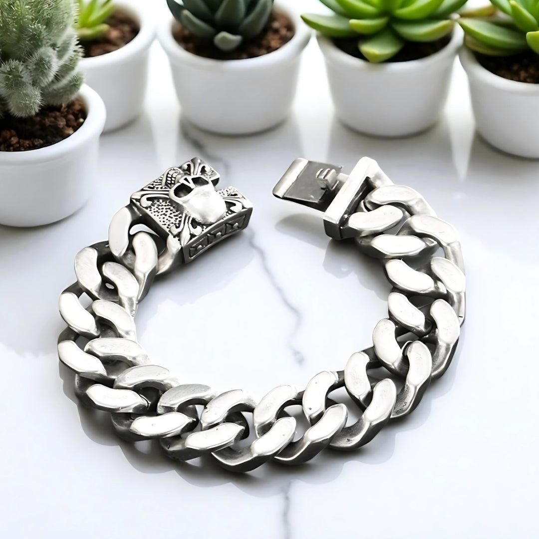 Bracelet homme breloque Tête de mort MODERN SKULL argent fermoir plantes
