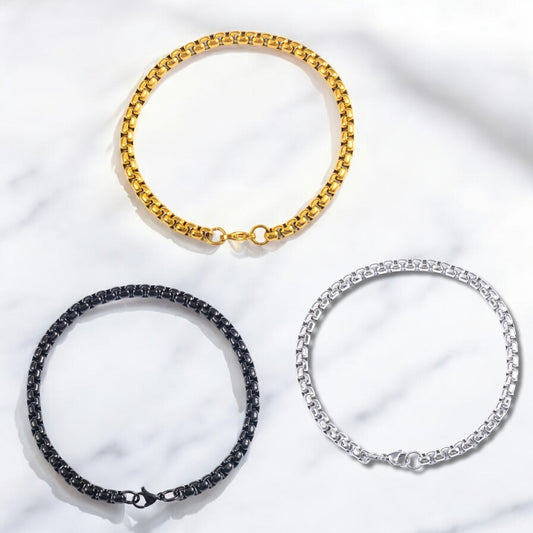Bracelet homme chaine à petits maillons Belcher variantes argent noir dore 