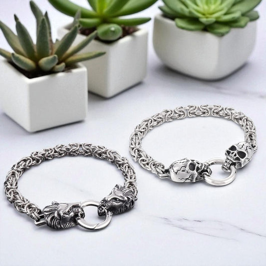 Bracelet homme lion crane anneau plantes marbre presentation