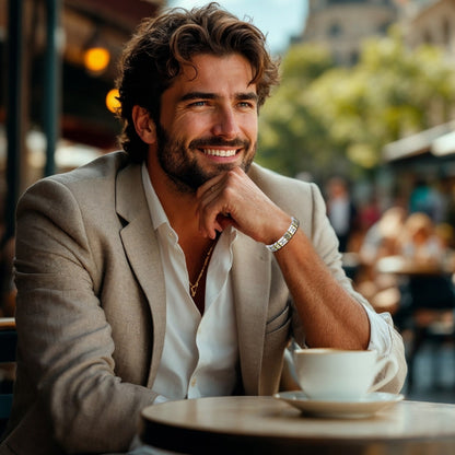 Bracelet homme luxe GOLDLINK argent et doré poignet homme élégant café sourire