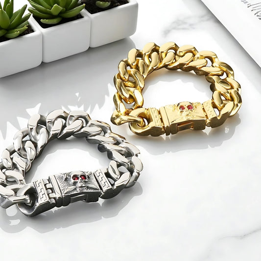 Bracelet homme luxe PIRATO SKULL argent or plantes marbre presentation