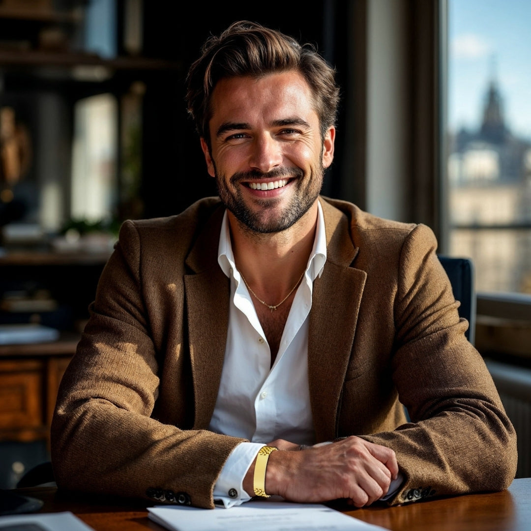 Bracelet homme luxe ROLLIE BRATT™ dore blouson chemise blanche professionnel bureau