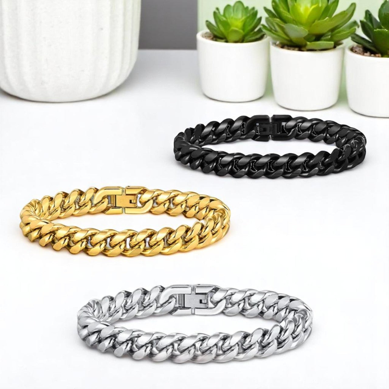 Bracelet homme luxe maillon MIAMI-CUBANO™ variantes argent dore noir presentation