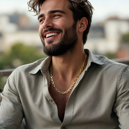 CHAINE HOMME MAILLE OVALES dore homme chemise beige banc 