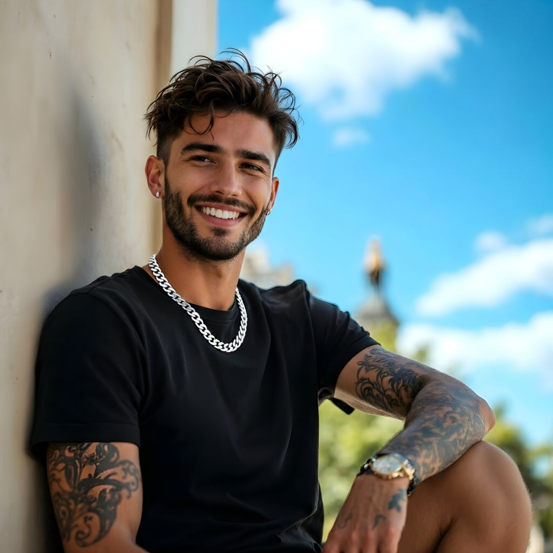 CHAINE HOMME MAILLONS CUBAINS ARGENT HOMME T-SHIRT NOIR CONFORTABLE ETE