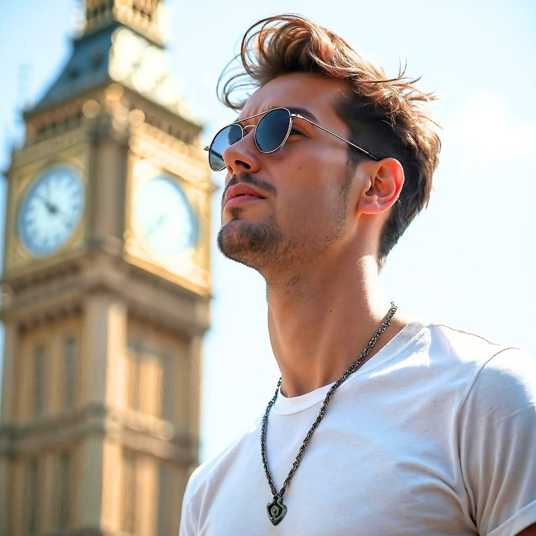 COLLIER-HOMME-PENDENTIF-ROTATIF-argent--t-shirt-blanc