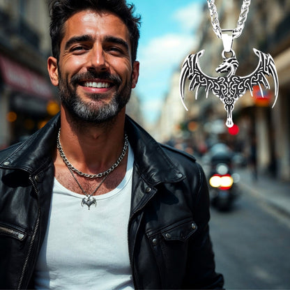 COLLIER-HOMME -PENDENTIF-dragon-ailes-ouvertes-HOMME-BARBE-SOURIRE- moto-cuir