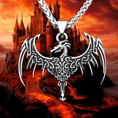 COLLIER-HOMME-PENDENTIF-dragon-ailes-ouvertes-château-médiéval