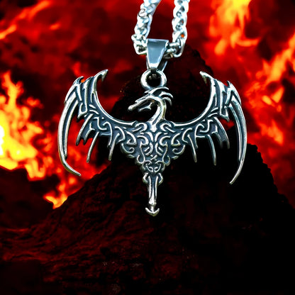COLLIER-HOMME -PENDENTIF-dragon-ailes-ouvertes-feu