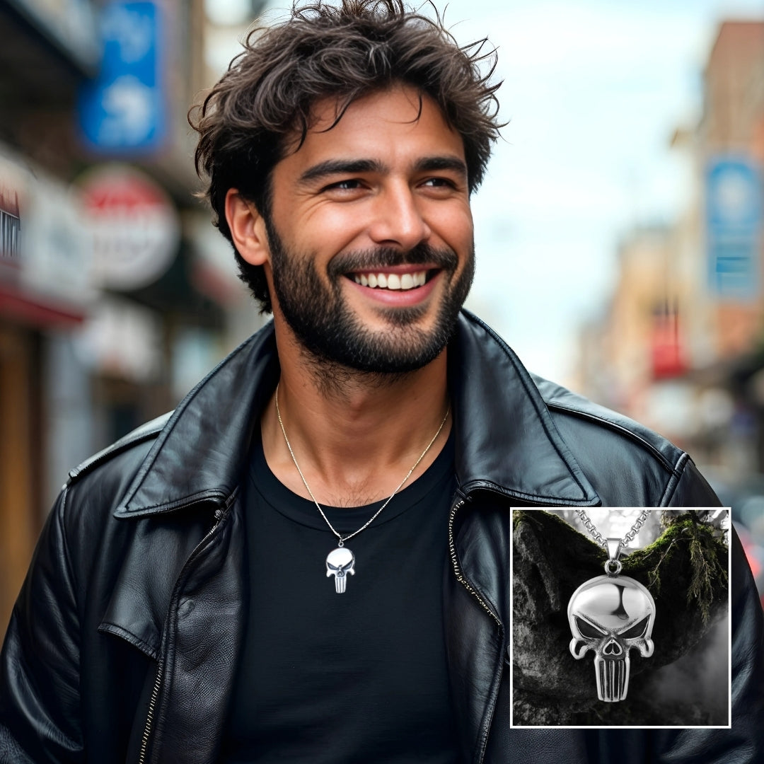 COLLIER-homme-pendentif-homme-tete-de-mort-crane-skull-CUIR-rue-barbe-élégant