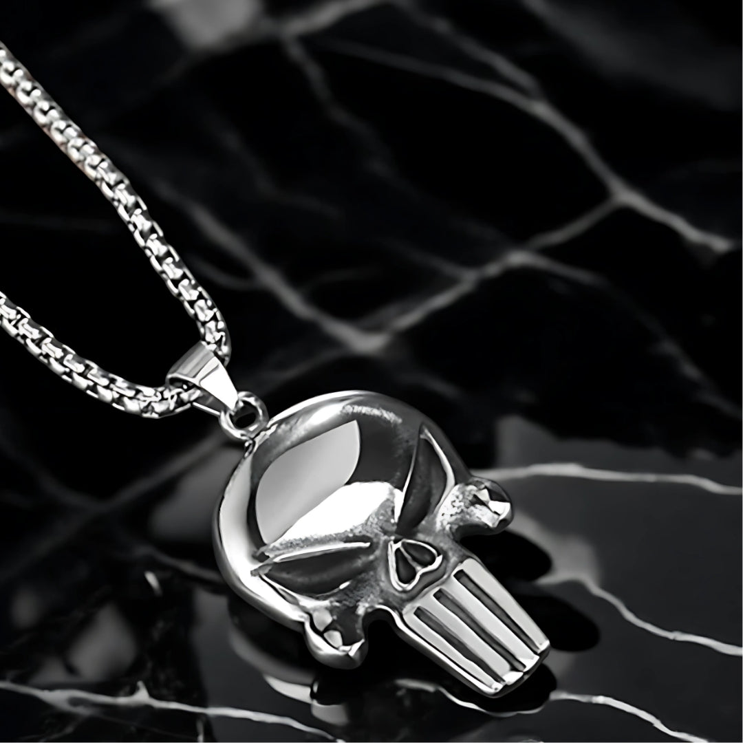 COLLIER-homme-pendentif-homme-tete-de-mort-crane-skull-marbre-chaine