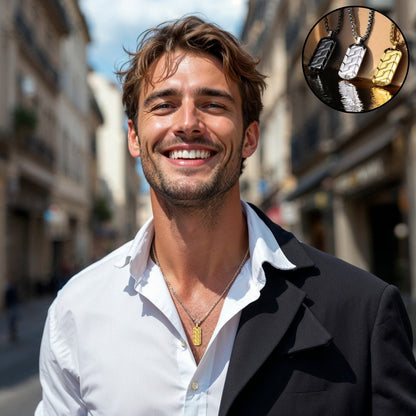 COLLIER HOMME-PENDENTIF – GÉOMÉTRIQUE-or-homme-élégant-chemise-blanche-veston-blouson-noir