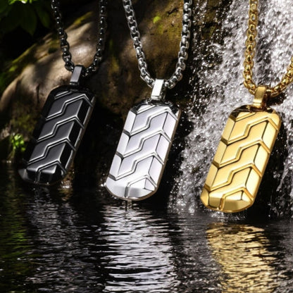 COLLIER HOMME-PENDENTIF – GÉOMÉTRIQUE-trio-noir-argent-or-TAGGY-chute-eau