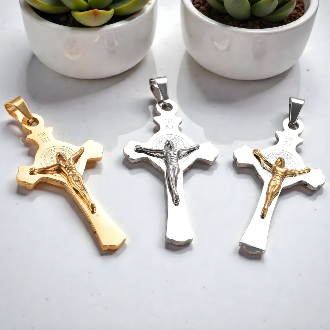 COLLIER HOMME CROIX DE SAINT BENOÎT CRUCIFIX variantes troi couleurs plantes 