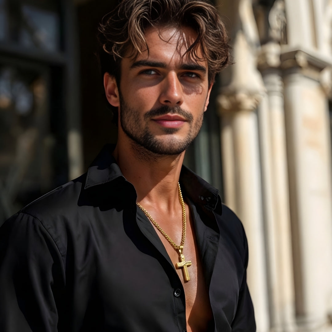 COLLIER HOMME, PENDENTIF CROIX HORIZON EN ACIER TEXTURÉ dore omme élégant eglise